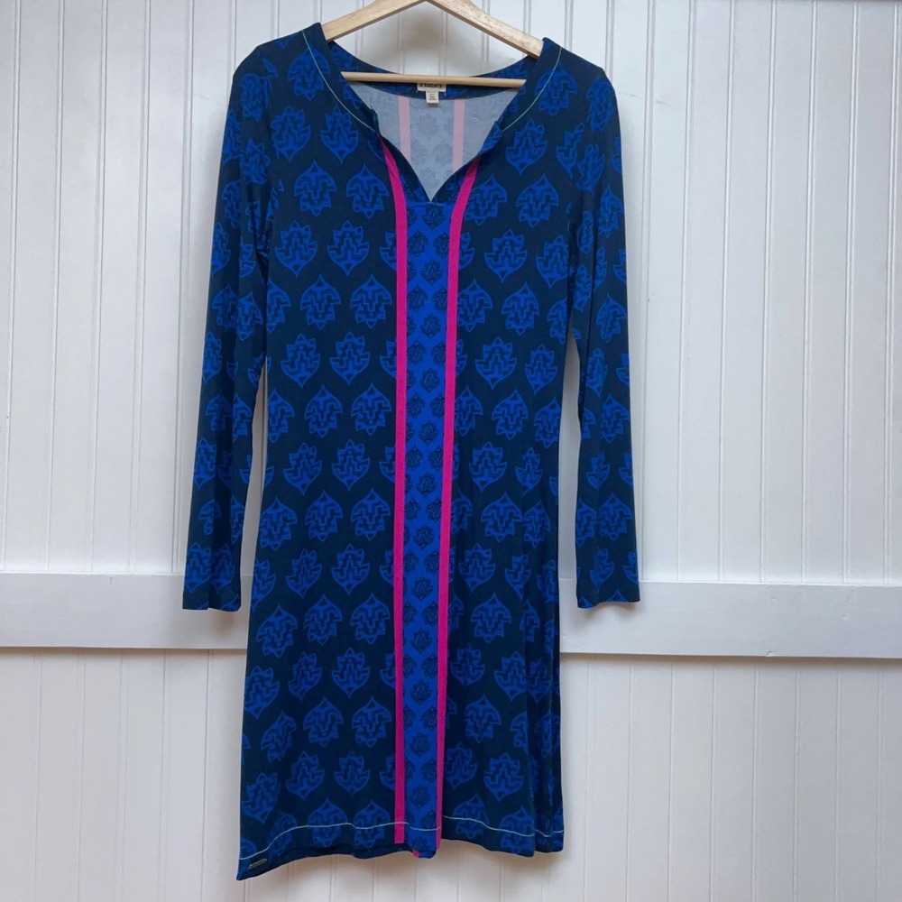 Hatley Dress Blue Pink Preppy Beachy Career Patterned V-Neck Tunic Casual Wmns S